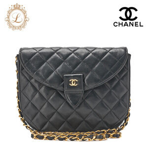 Chanel Matelasse Push Lock Lambskin Shoulder Bag Round Flap Black